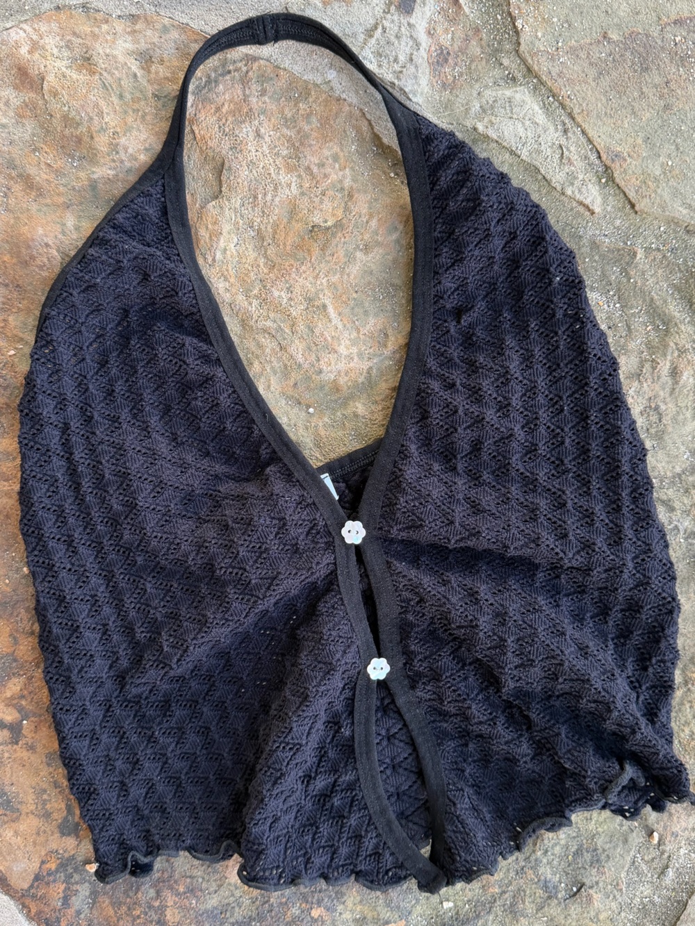 Black Textured top with Flower Accents